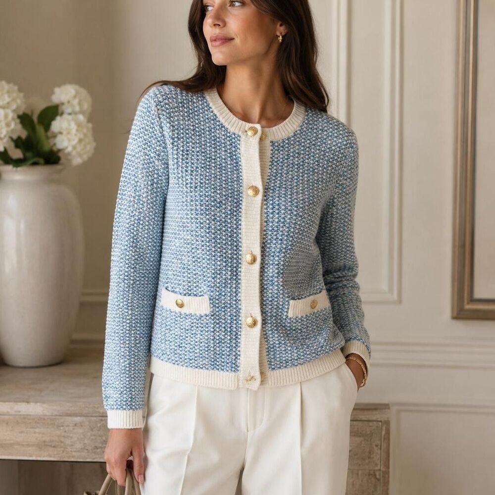 J Crew Factory Stitched Lady Cardigan Blue White Sweater Size Large